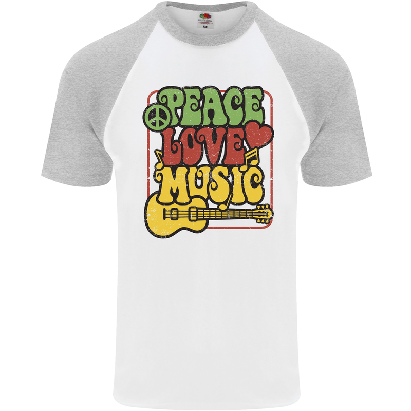 Peace Love Music Guitar Hippy Flower Power Mens S/S Baseball T-Shirt White/Sports Grey