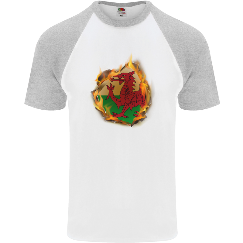 The Welsh Flag Fire Effect Wales Mens S/S Baseball T-Shirt White/Sports Grey