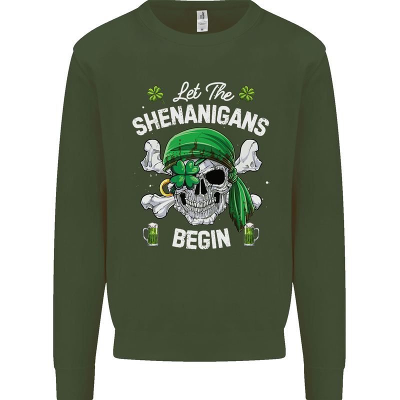 St Patricks Day Let the Shenanigans Begin Kids Sweatshirt Jumper Forest Green