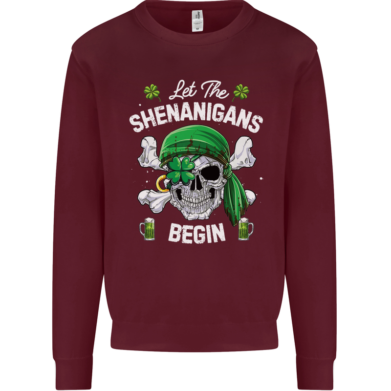 St Patricks Day Let the Shenanigans Begin Kids Sweatshirt Jumper Maroon