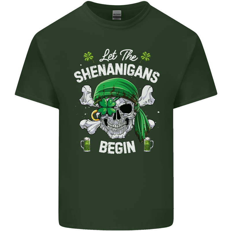 St Patricks Day Let the Shenanigans Begin Mens Cotton T-Shirt Tee Top Forest Green