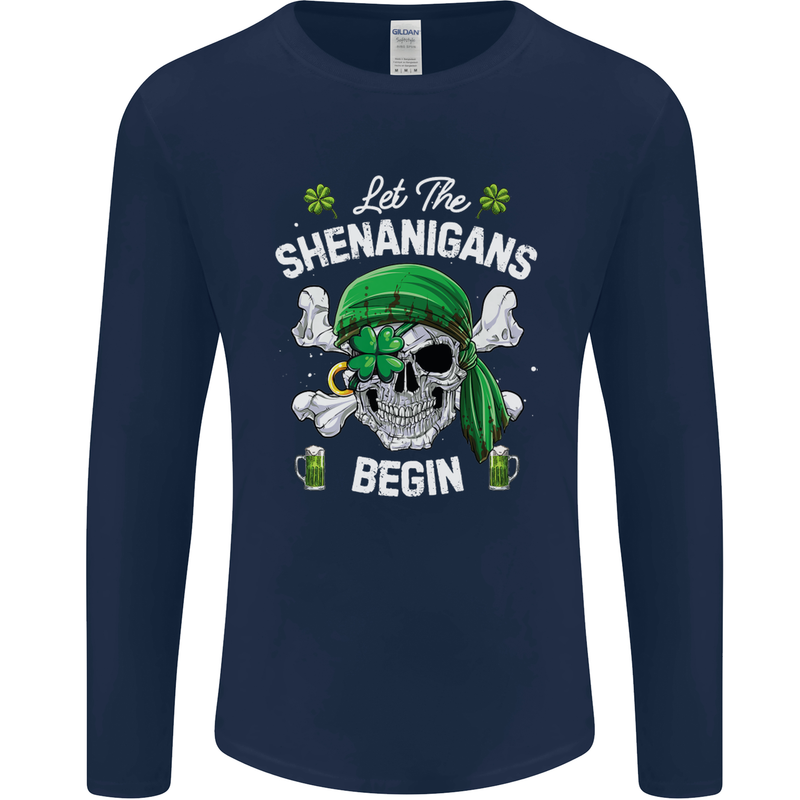 St Patricks Day Let the Shenanigans Begin Mens Long Sleeve T-Shirt Navy Blue