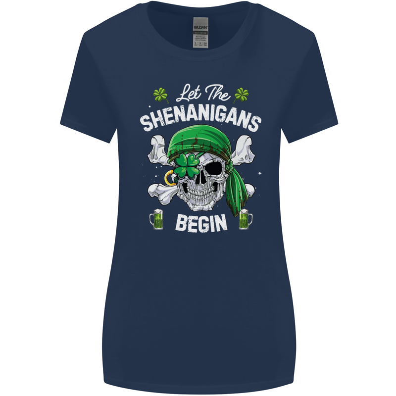 St Patricks Day Let the Shenanigans Begin Womens Wider Cut T-Shirt Navy Blue