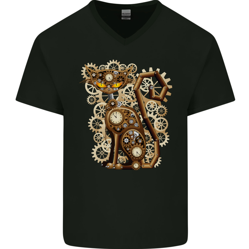 Steampunk Cat Mens V-Neck Cotton T-Shirt Black