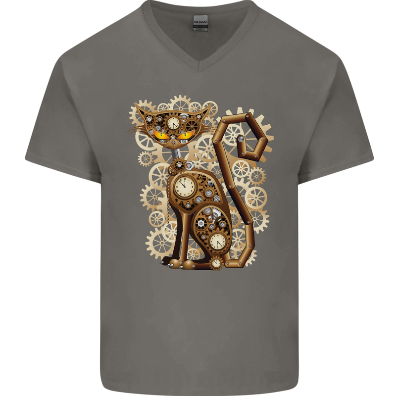 Steampunk Cat Mens V-Neck Cotton T-Shirt Charcoal