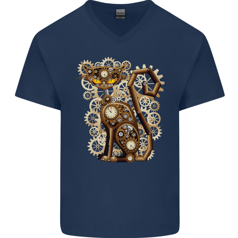 Steampunk Cat Mens V-Neck Cotton T-Shirt Navy Blue