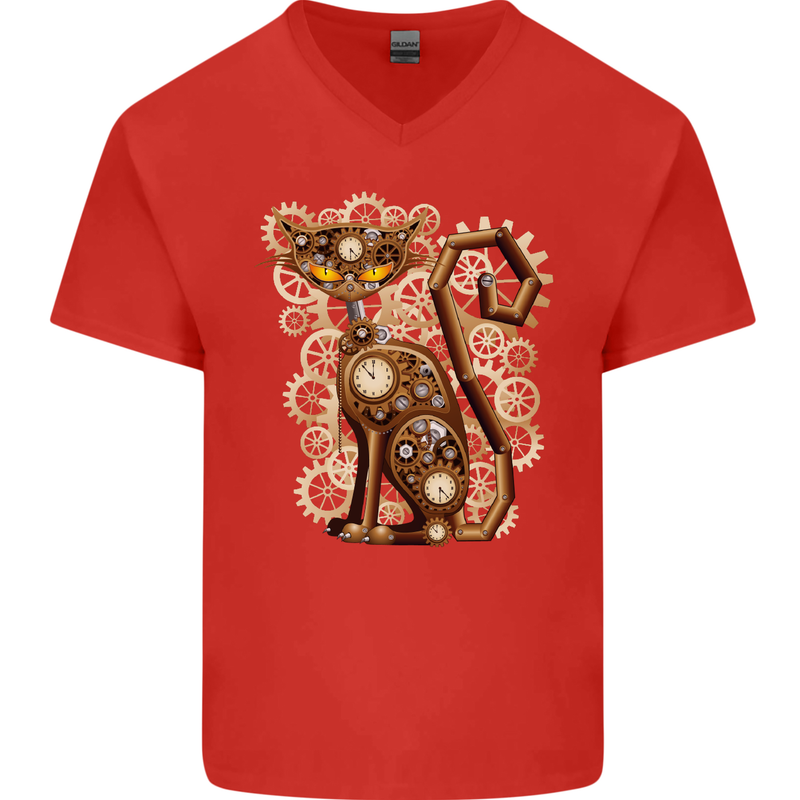 Steampunk Cat Mens V-Neck Cotton T-Shirt Red