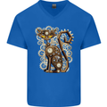 Steampunk Cat Mens V-Neck Cotton T-Shirt Royal Blue