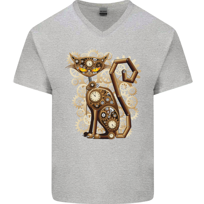 Steampunk Cat Mens V-Neck Cotton T-Shirt Sports Grey