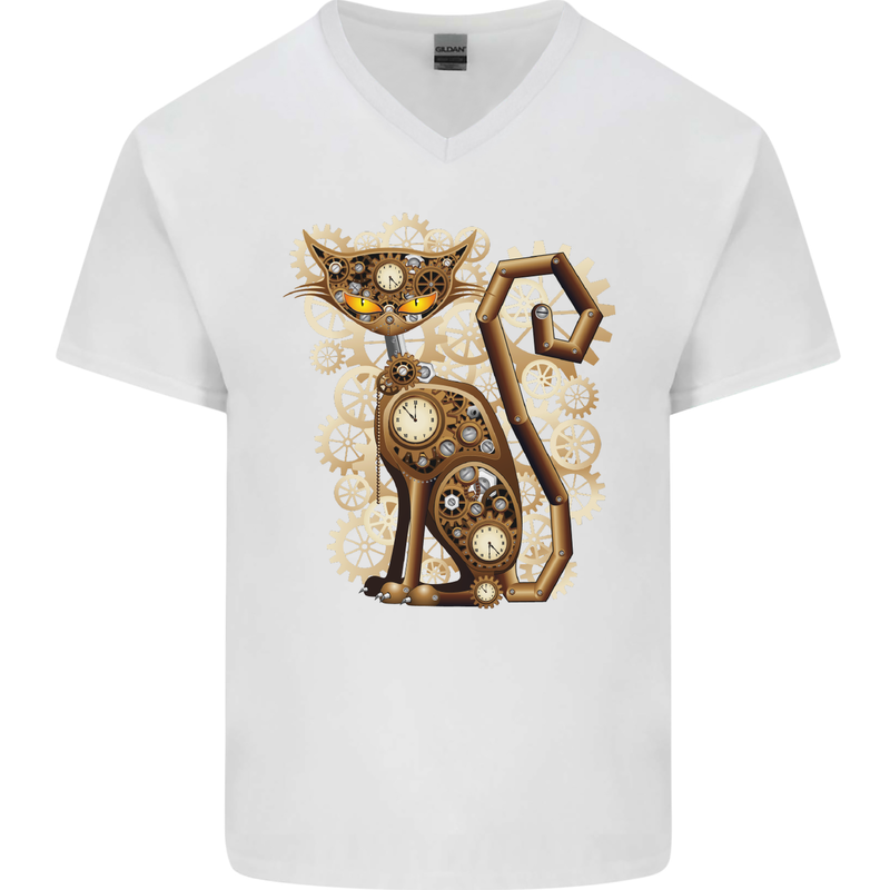 Steampunk Cat Mens V-Neck Cotton T-Shirt White