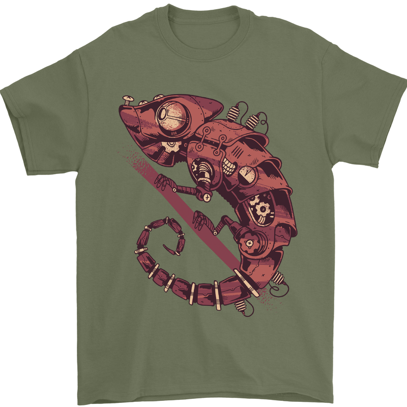 Steampunk Chameleon Iguana Reptile Lizard Mens T-Shirt Cotton Gildan Military Green