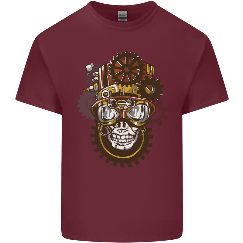 Steampunk Skull Mens Cotton T-Shirt Tee Top Maroon