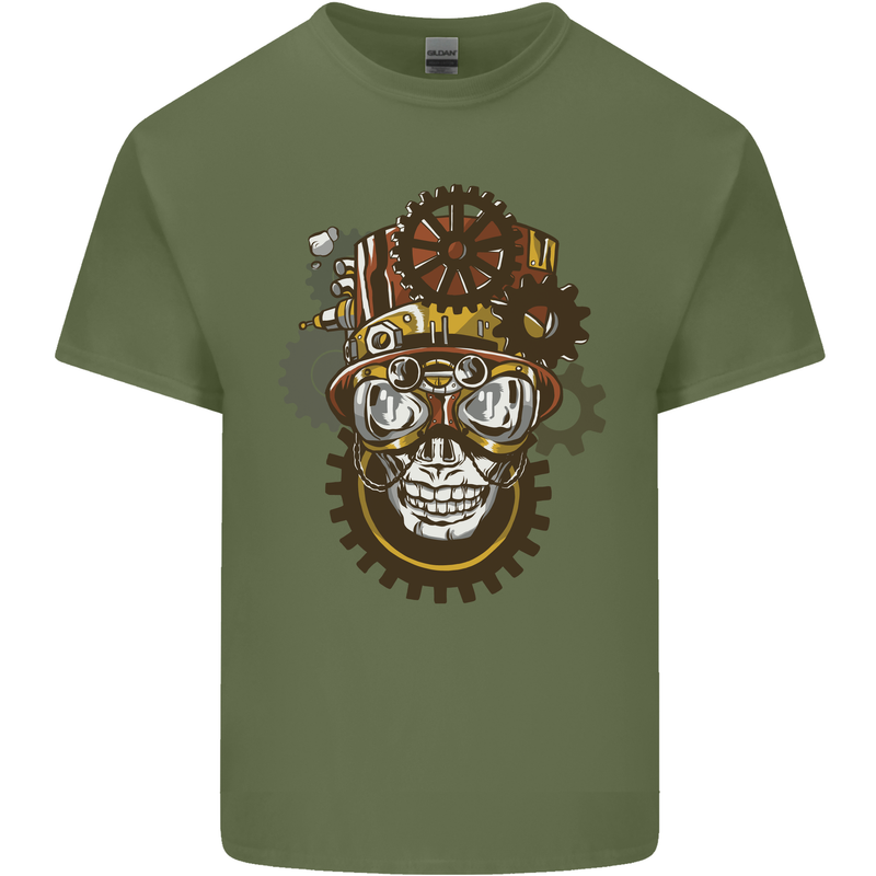 Steampunk Skull Mens Cotton T-Shirt Tee Top Military Green