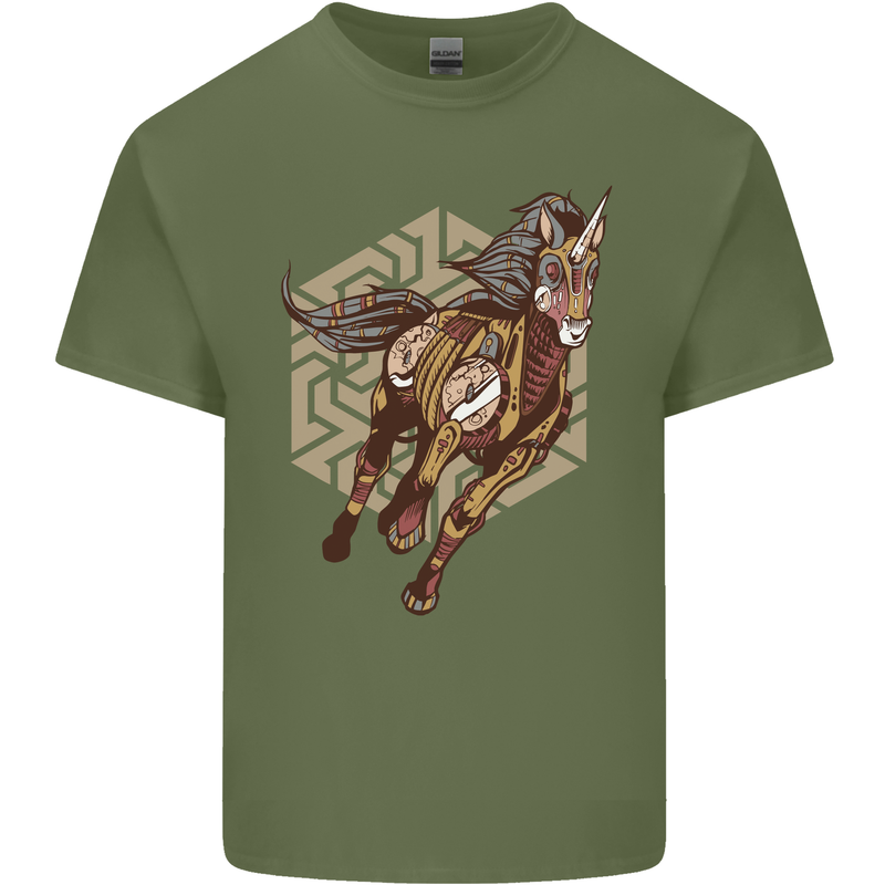 Steampunk Unicorn Mens Cotton T-Shirt Tee Top Military Green