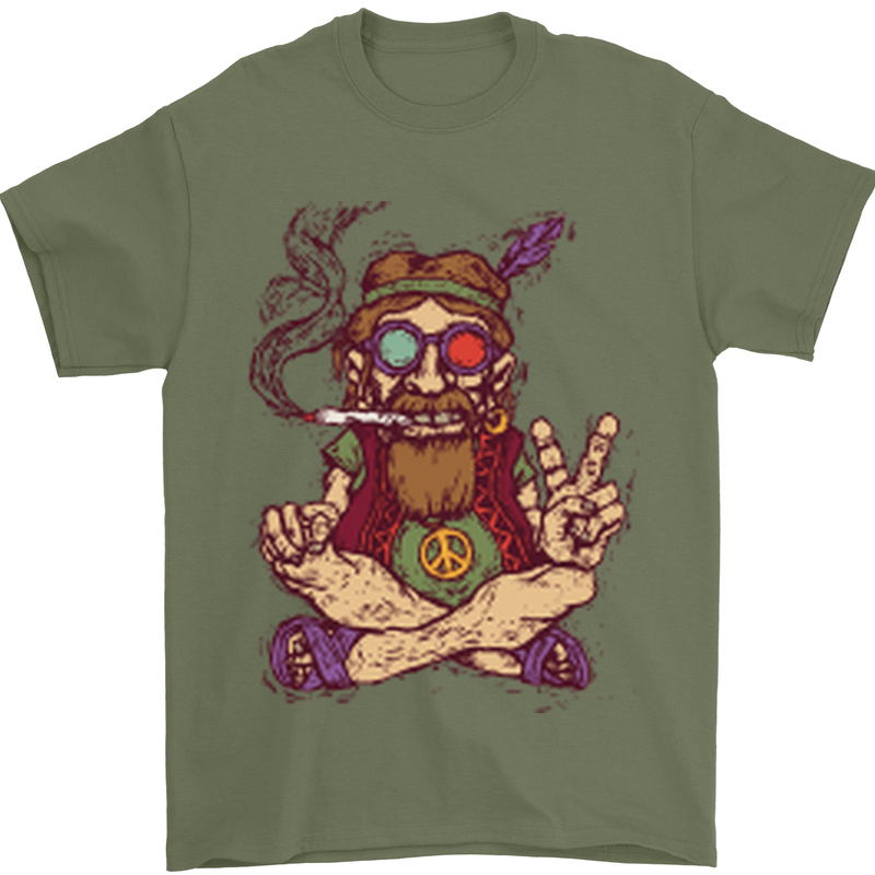 Stoned Hippy Spliff Weed Drugs LSD Acid Mens T-Shirt Cotton Gildan Military Green