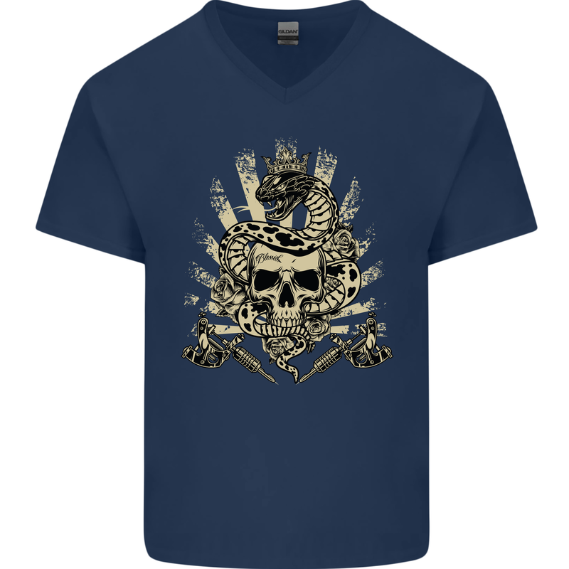 Tattoo Skull Snake Tattooist Biker Gothic Mens V-Neck Cotton T-Shirt Navy Blue