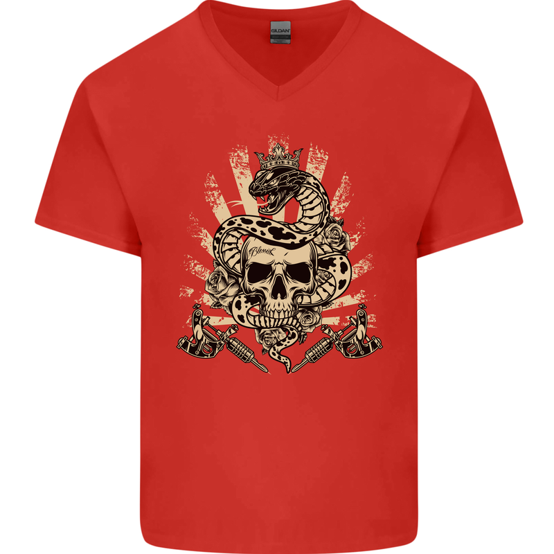 Tattoo Skull Snake Tattooist Biker Gothic Mens V-Neck Cotton T-Shirt Red