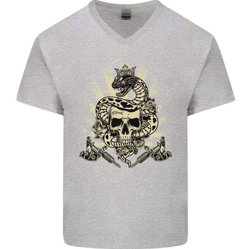 Tattoo Skull Snake Tattooist Biker Gothic Mens V-Neck Cotton T-Shirt Sports Grey