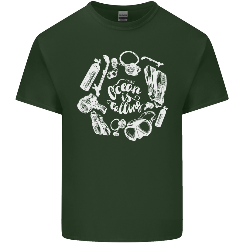 The Ocean Is Calling Scuba Diving Diver Mens Cotton T-Shirt Tee Top Forest Green