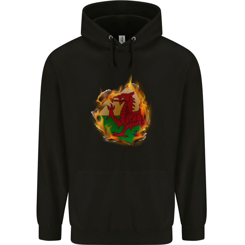 The Welsh Flag Fire Effect Wales Mens 80% Cotton Hoodie Black