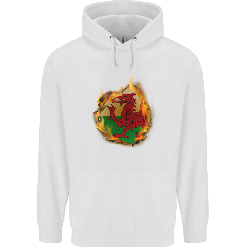 The Welsh Flag Fire Effect Wales Mens 80% Cotton Hoodie White