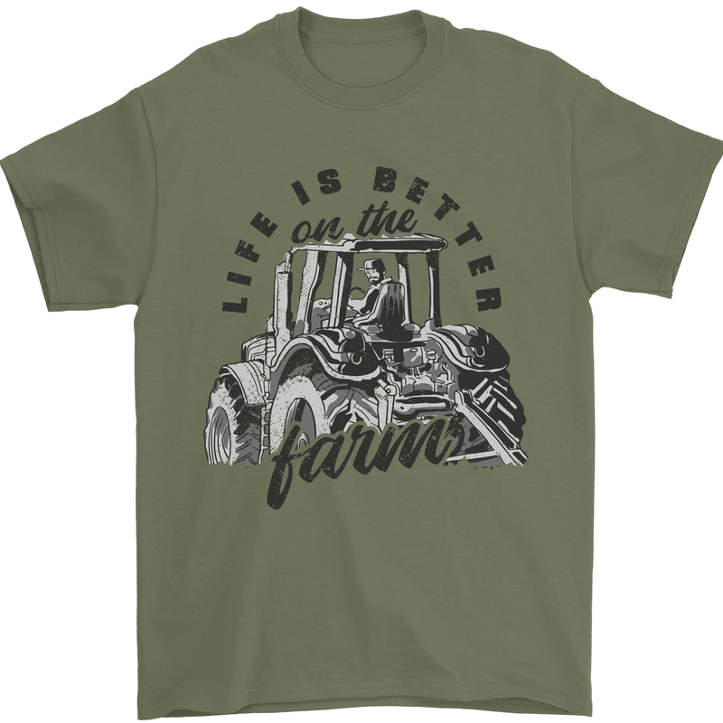 Tractor Life Is Better Farm Funny Farming Mens T-Shirt Cotton Gildan Military Green