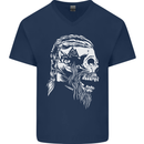 Tribal Viking Skull Mens V-Neck Cotton T-Shirt Navy Blue