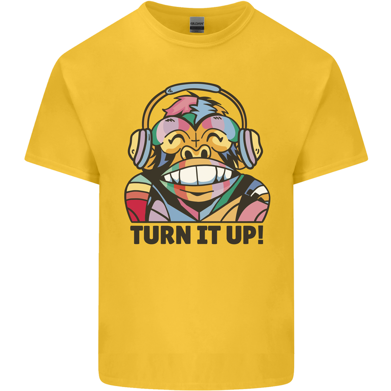 Turn It Up Monkey DJ Headphones Music Mens Cotton T-Shirt Tee Top Yellow
