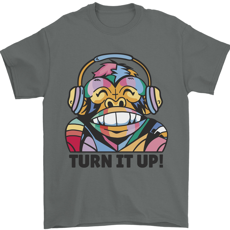 Turn It Up Monkey DJ Headphones Music Mens T-Shirt 100% Cotton Charcoal