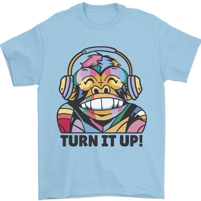 Turn It Up Monkey DJ Headphones Music Mens T-Shirt 100% Cotton Light Blue