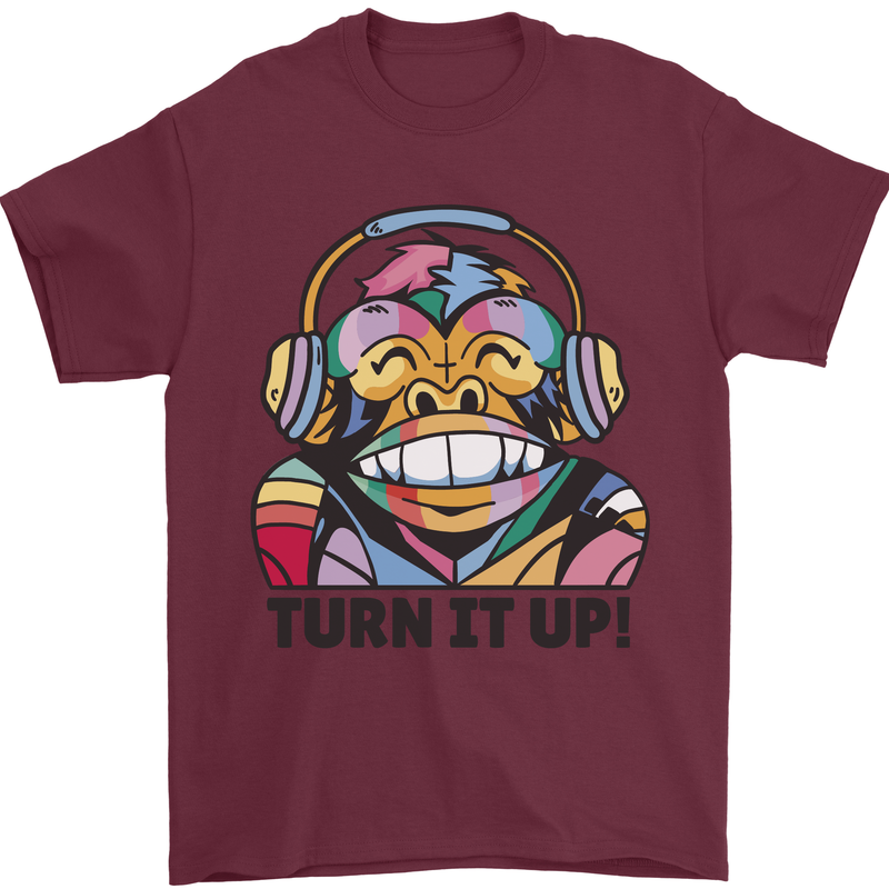 Turn It Up Monkey DJ Headphones Music Mens T-Shirt 100% Cotton Maroon