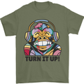 Turn It Up Monkey DJ Headphones Music Mens T-Shirt 100% Cotton Military Green