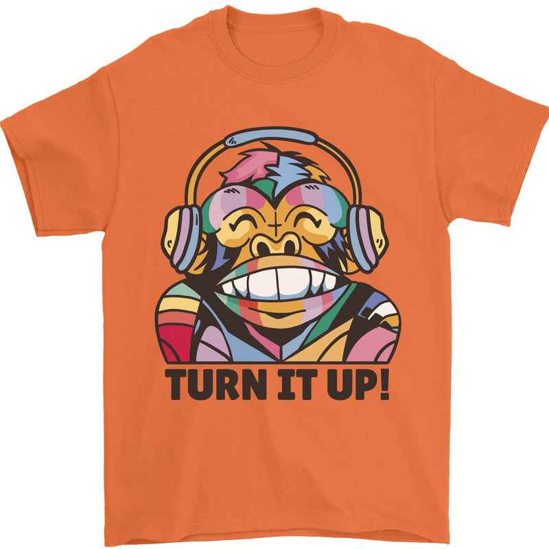 Turn It Up Monkey DJ Headphones Music Mens T-Shirt 100% Cotton Orange