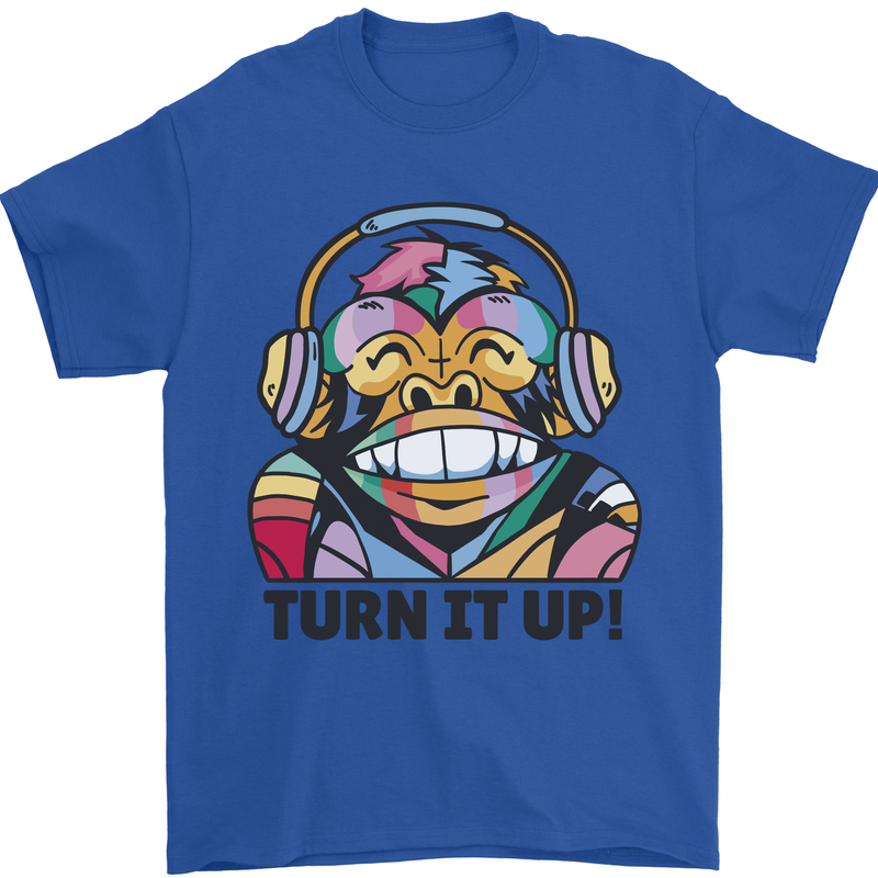 Turn It Up Monkey DJ Headphones Music Mens T-Shirt 100% Cotton Royal Blue