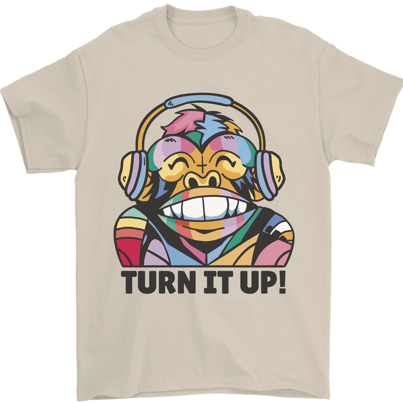 Turn It Up Monkey DJ Headphones Music Mens T-Shirt 100% Cotton Sand