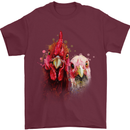 Two Colourful Chickens Watercolour Mens T-Shirt Cotton Gildan Maroon
