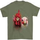 Two Colourful Chickens Watercolour Mens T-Shirt Cotton Gildan Military Green