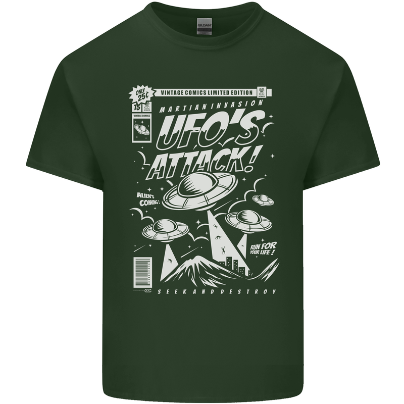 UFO's Attack! Aliens Out of Space Mens Cotton T-Shirt Tee Top Forest Green