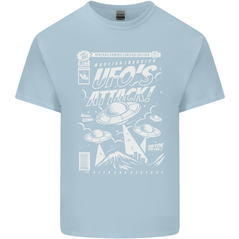 UFO's Attack! Aliens Out of Space Mens Cotton T-Shirt Tee Top Light Blue
