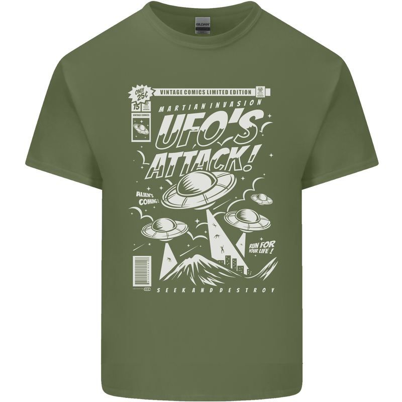 UFO's Attack! Aliens Out of Space Mens Cotton T-Shirt Tee Top Military Green