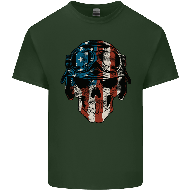 USA Flag Biker Skull Motorcycle Motorbike Mens Cotton T-Shirt Tee Top Forest Green