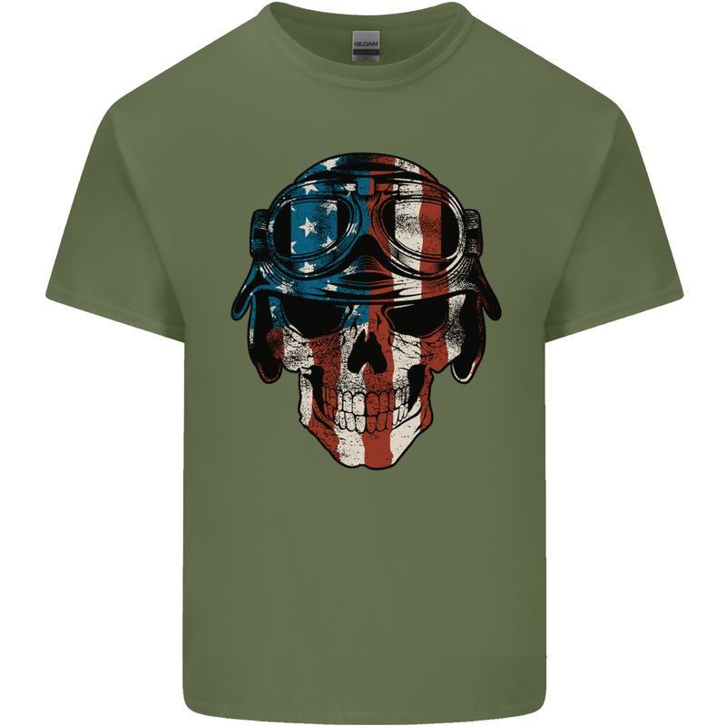 USA Flag Biker Skull Motorcycle Motorbike Mens Cotton T-Shirt Tee Top Military Green