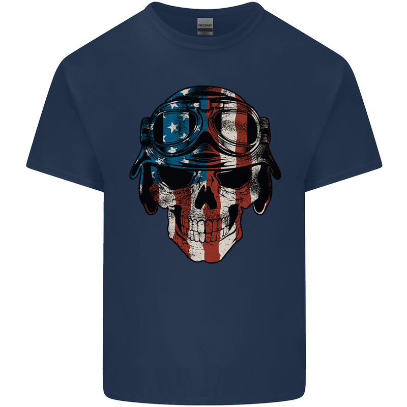 USA Flag Biker Skull Motorcycle Motorbike Mens Cotton T-Shirt Tee Top Navy Blue