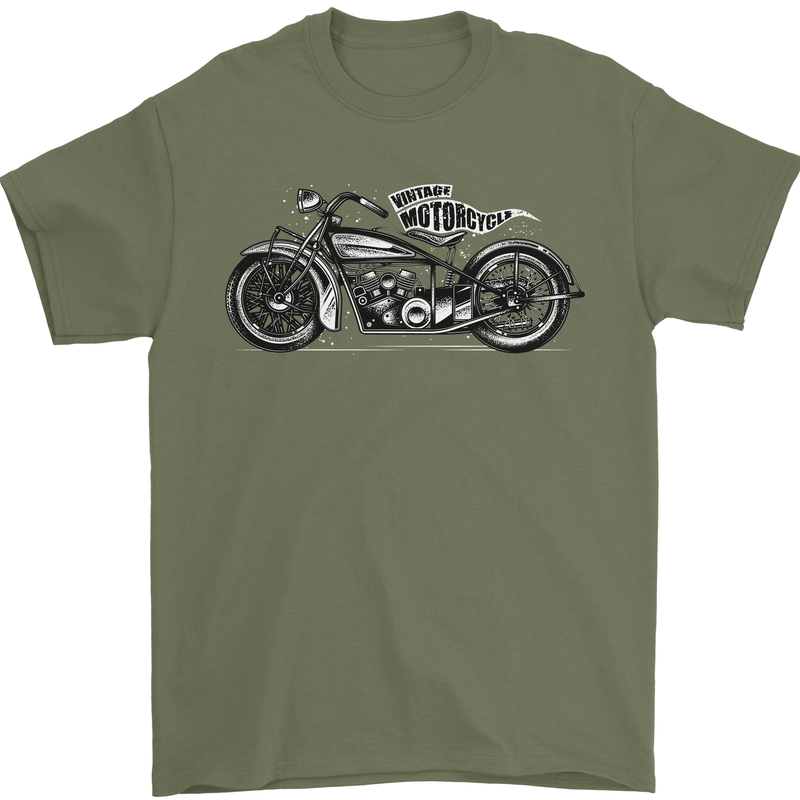 Vintage Motorcycle Custom Chopper Biker Mens T-Shirt Cotton Gildan Military Green