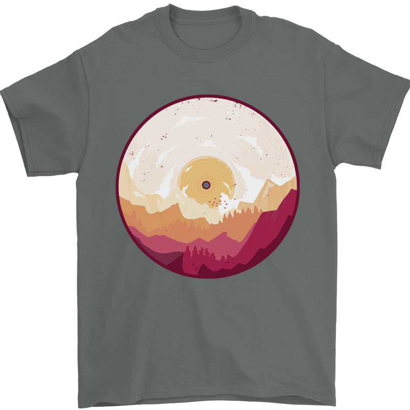 Vinyl Landscape Record Mountains DJ Decks Mens T-Shirt 100% Cotton Charcoal