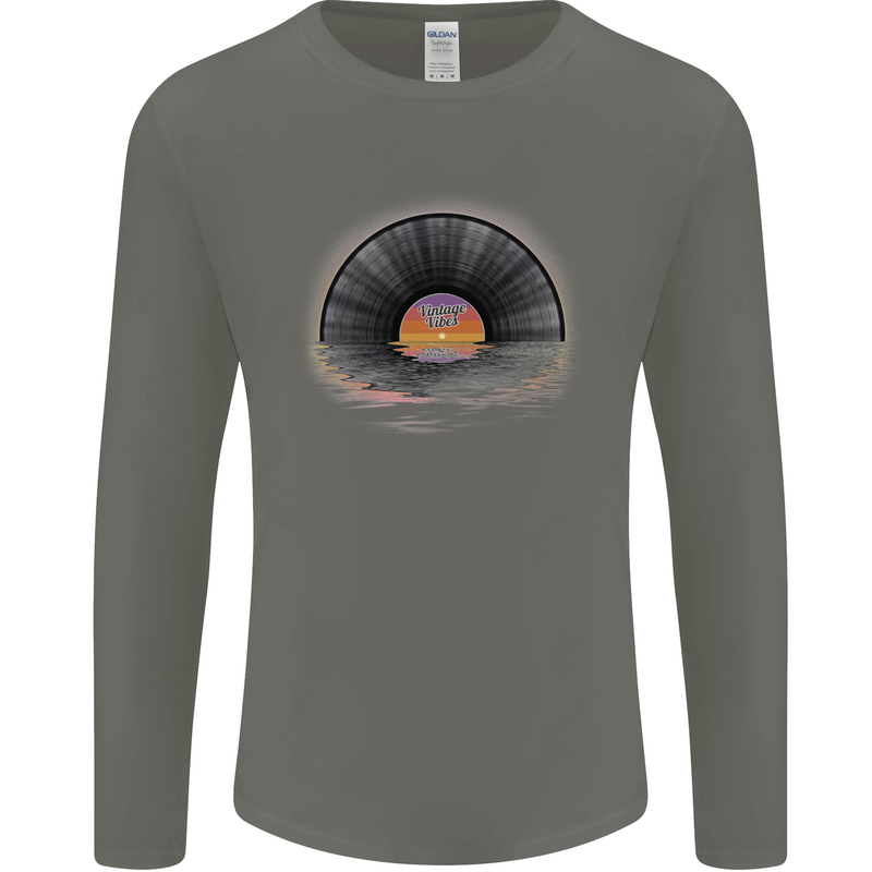 Vinyl Sunset Record LP Turntable Music Mens Long Sleeve T-Shirt Charcoal