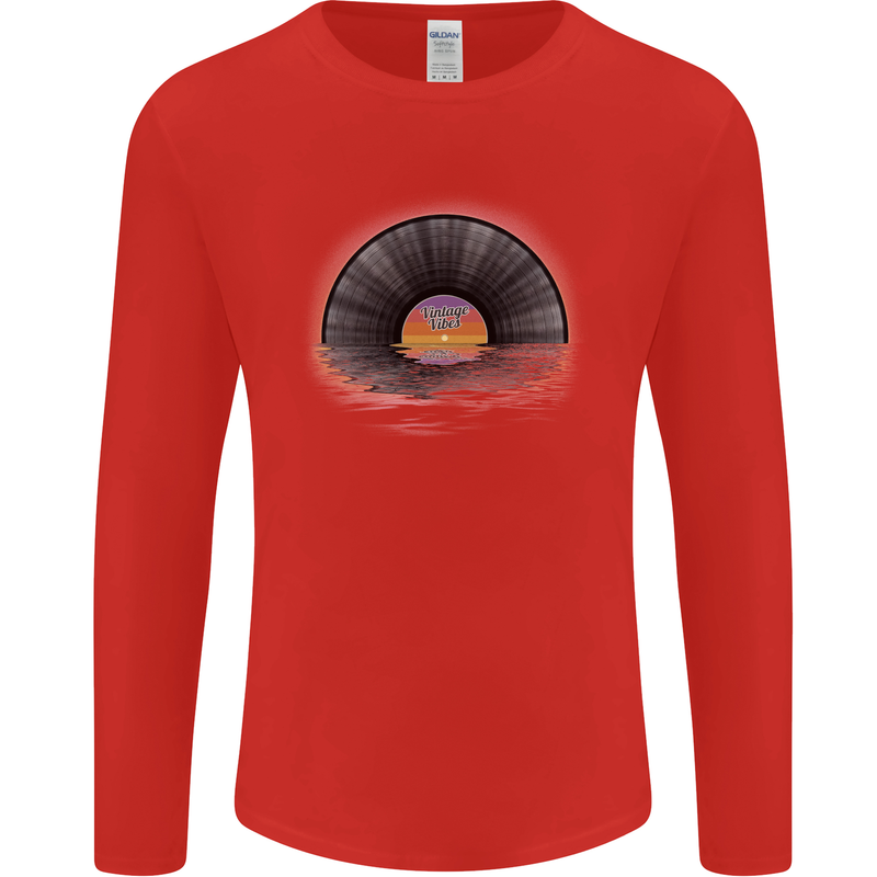 Vinyl Sunset Record LP Turntable Music Mens Long Sleeve T-Shirt Red