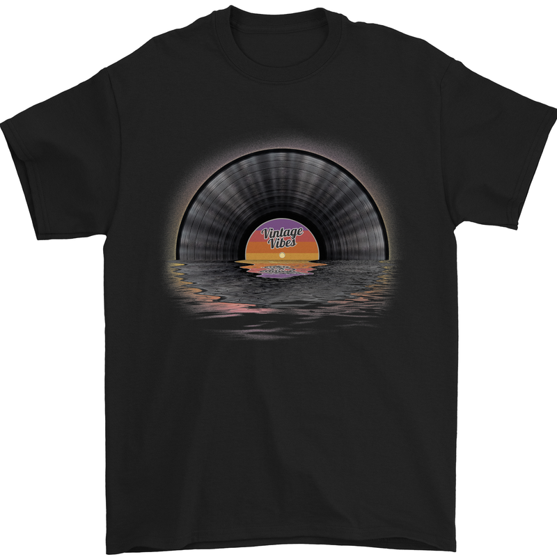 Vinyl Sunset Record LP Turntable Music Mens T-Shirt Cotton Gildan Black