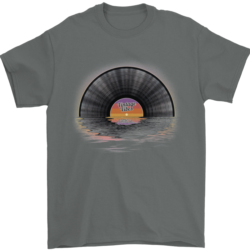 Vinyl Sunset Record LP Turntable Music Mens T-Shirt Cotton Gildan Charcoal