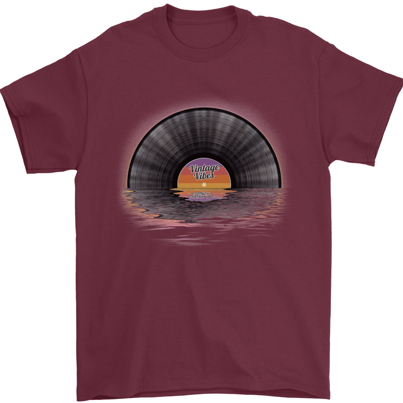 Vinyl Sunset Record LP Turntable Music Mens T-Shirt Cotton Gildan Maroon